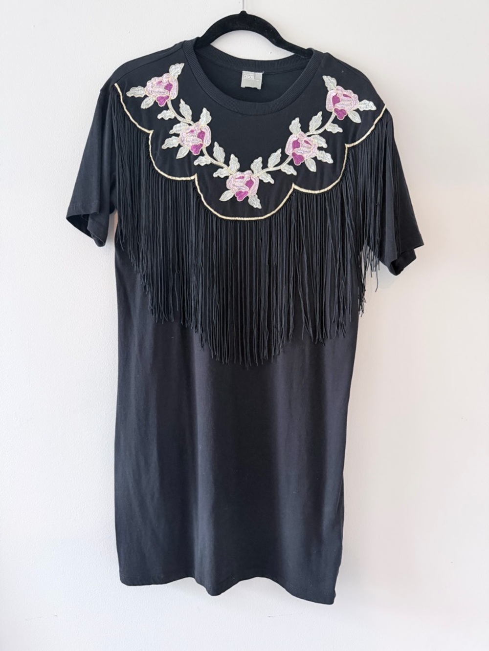 ASOS Black Short-Sleeve Tee with Pink Floral Embroidery & Fringe